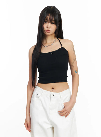 ribbed-tie-halter-neck-top-cf504 / Black