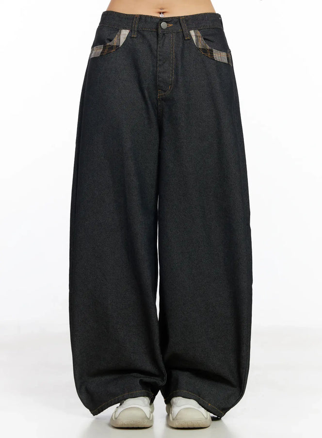 nora-plaid-accent-wide-leg-jeans-cf506-1 / Black