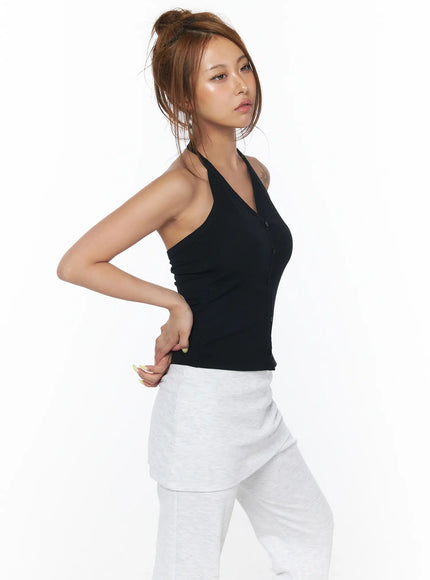 v-neck-button-halter-top-cu502 / Black