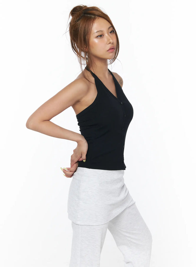v-neck-button-halter-top-cu502 / Black