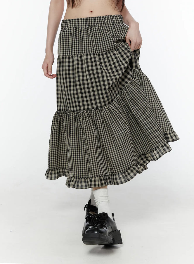 gingaham-ruffle-midi-skirt-cu505 / Black