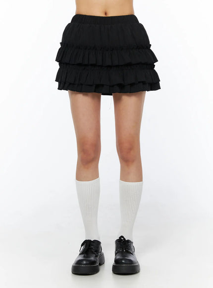 banding-waist-ruffle-mini-skirt-cu522 / Black