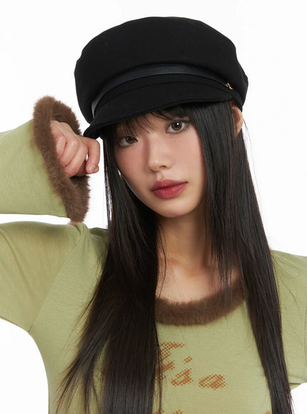 elegant-fur-trim-newsboy-cap-cd517 / Black