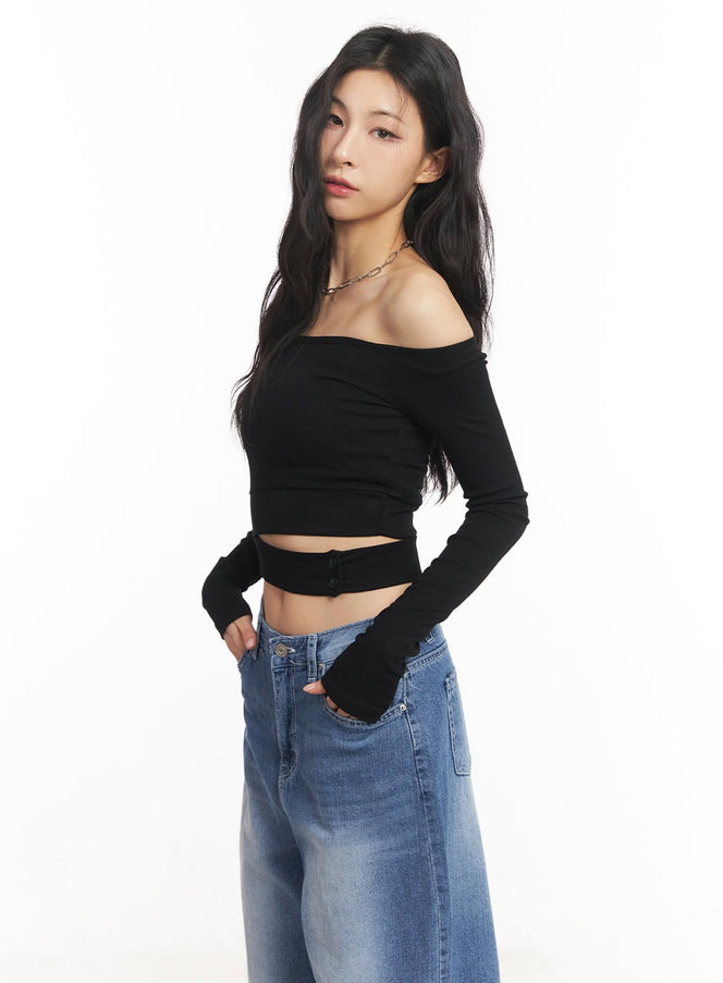 cut-out-off-shoulder-long-sleeve-crop-top-ca504 / Black