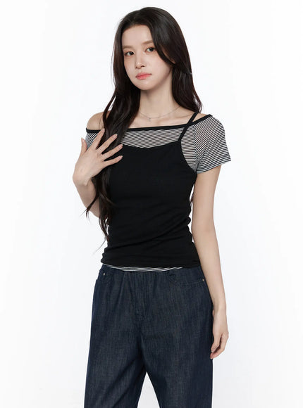 off-shoulder-stripe-tee-and-cami-top-set-cu522 / Black