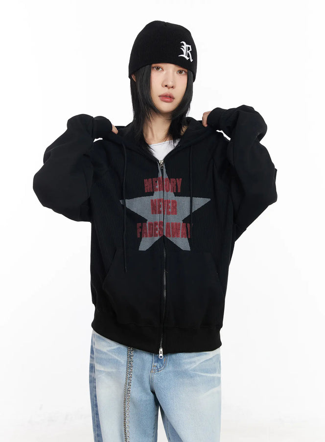 graphic-raglan-zip-up-hoodie-cf526 / Black