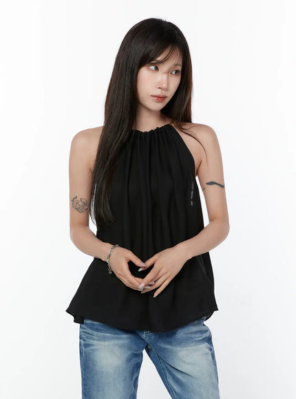 shirred-chain-halter-blouse-cy514 / Black