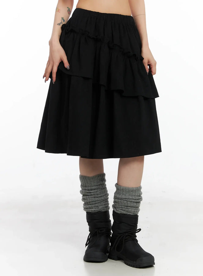 layered-ruffle-flare-midi-skirt-cd502 / Black