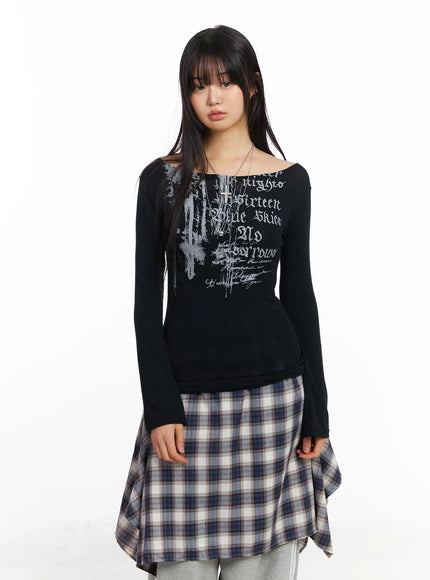edgy-boat-neck-graphic-long-sleeve-tee-cf506-1 / Black
