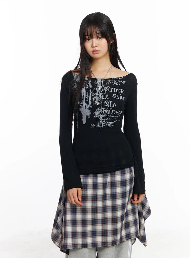 edgy-boat-neck-graphic-long-sleeve-tee-cf506-1 / Black