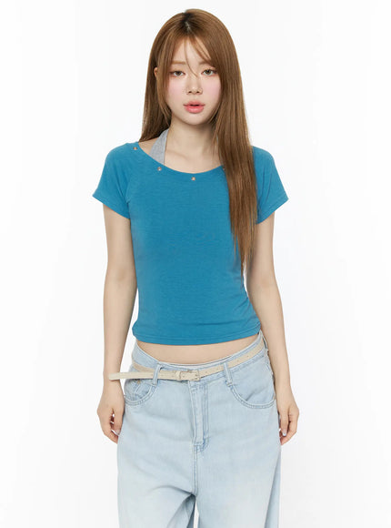 halter-neck-layered-t-shirt-iu515 / Blue
