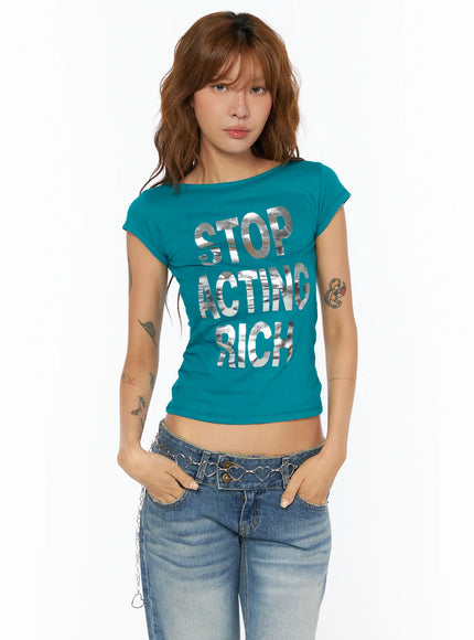 chic-graphic-lettering-short-sleeve-top-cu518 / Blue