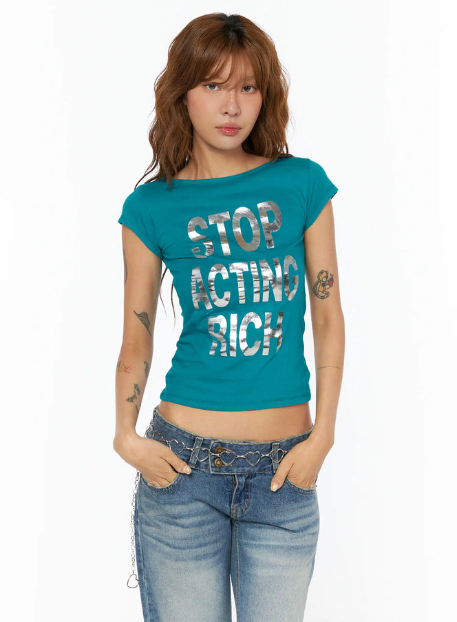 chic-graphic-lettering-short-sleeve-top-cu518 / Blue