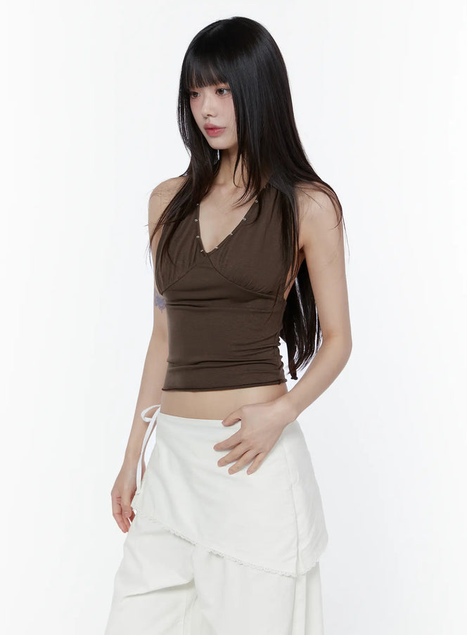 v-neck-embelished-halter-top-cu505 / Brown