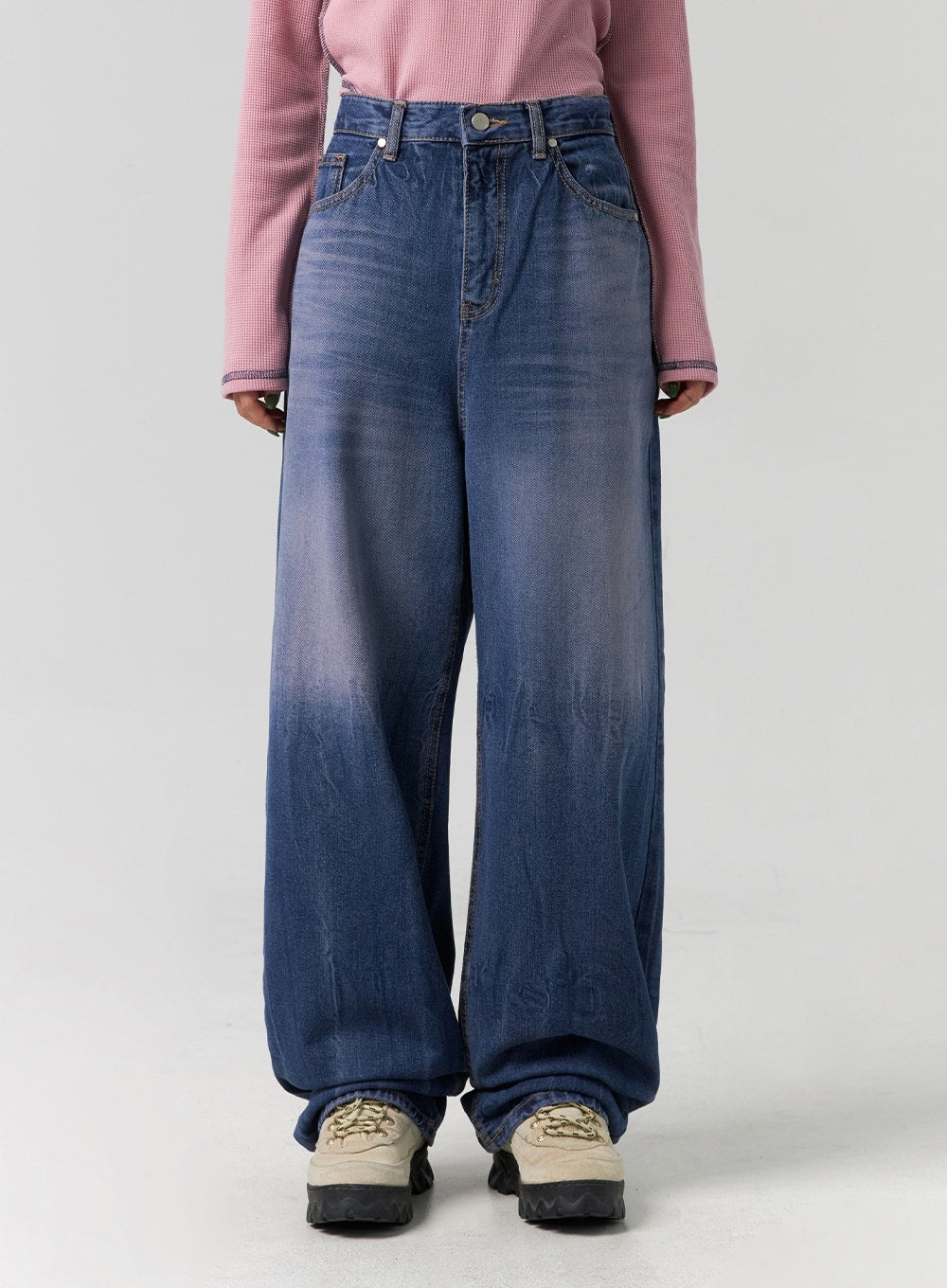 Wide Leg Cotton Jeans CG331 in blue, front waist-to-hem close-up on model, showing washed denim texture, high-rise waistband, and extremely wide barrel leg silhouette.