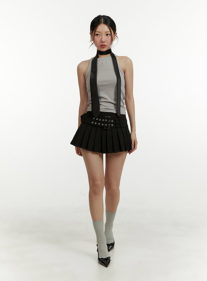belted-pleated-mini-skirt-cy408