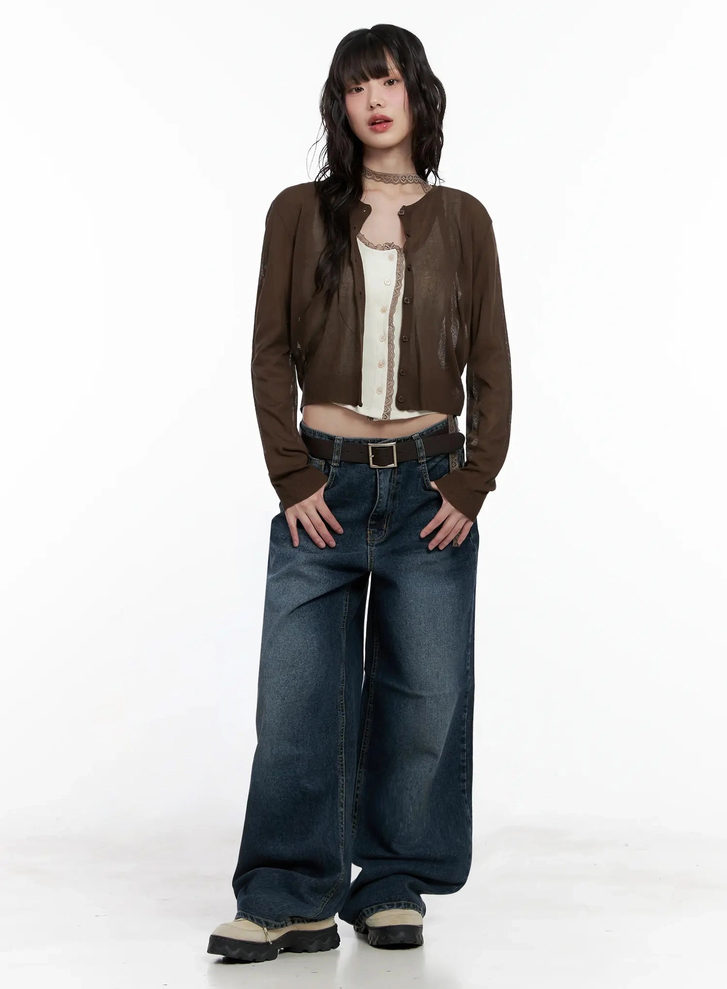 Mashiro Vintage-Wash Wide Jeans IL531 in dark blue, full-length front view on model, wide-leg washed cotton denim with belt, paired with brown cropped cardigan, white lace cami, and chunky sneakers.