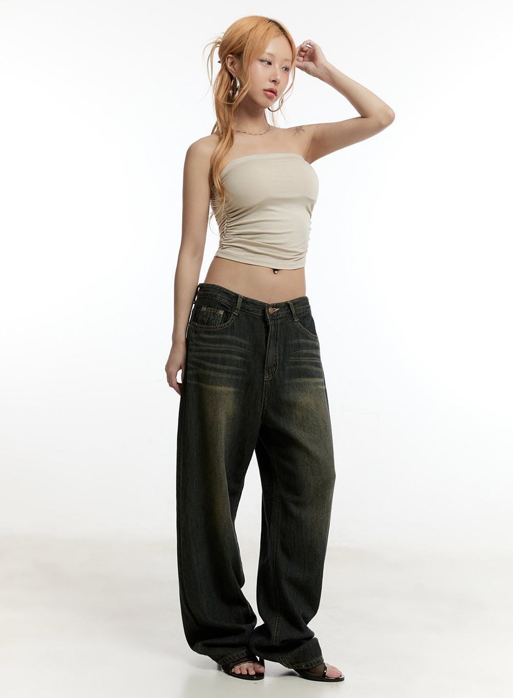 Caty Washed Wide-Leg Jeans CY506 by Lewkin