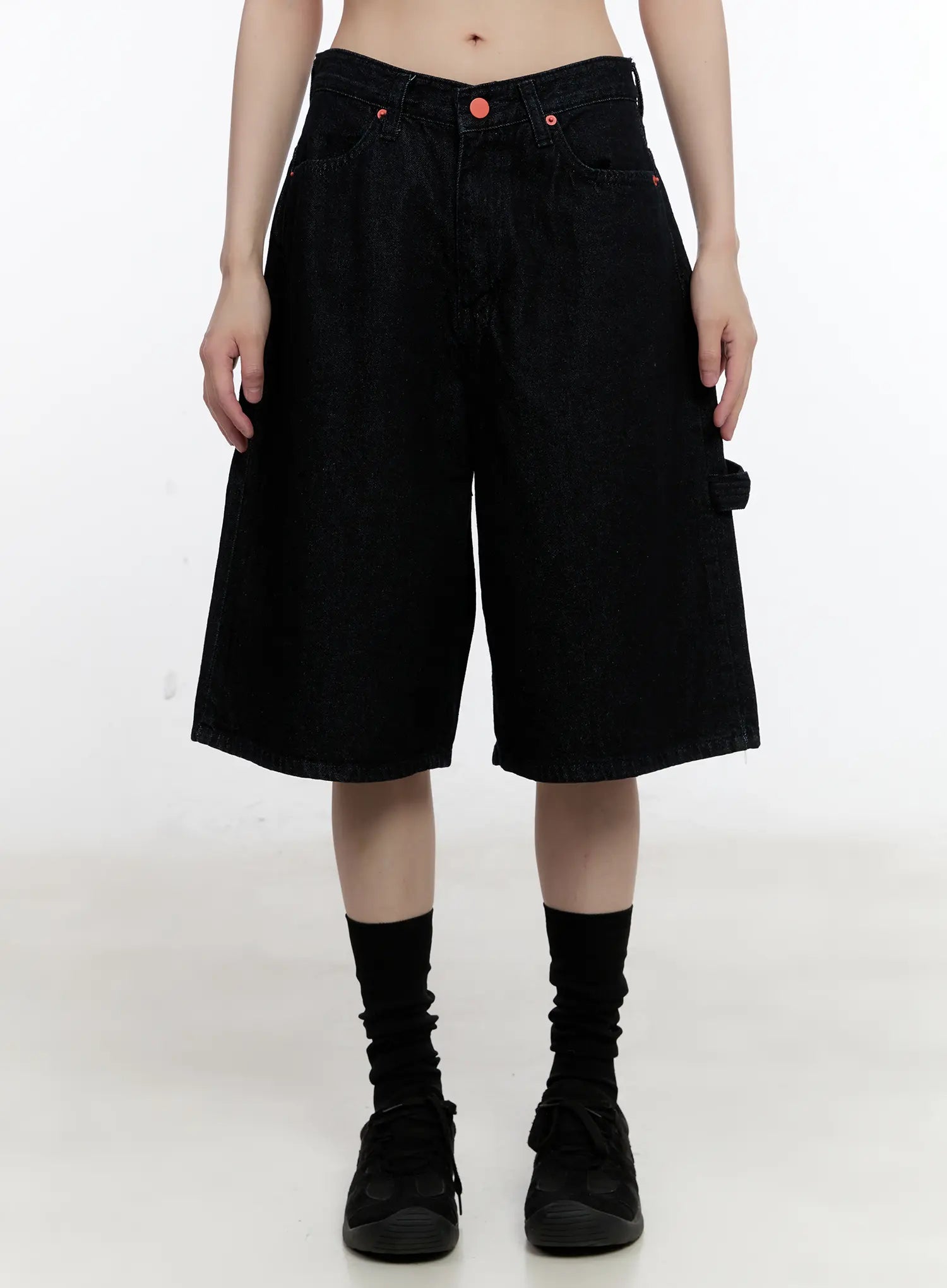 Red Text Graphic Embroidered Jorts CL504 in Dark blue, size L