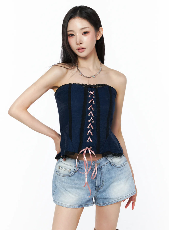 lace-up-corset-tube-top-cu511 / Dark blue