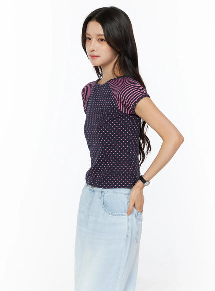 Polka Dot Striped Crop Tee CU522 in Dark blue, size S/M