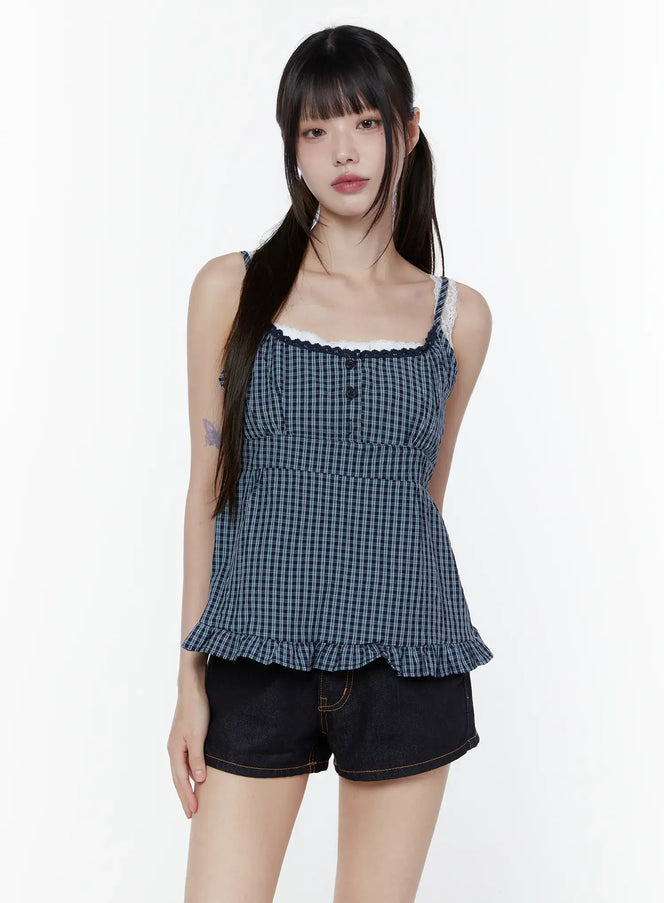 gingham-buttoned-sleeveless-top-cu508 / Dark blue