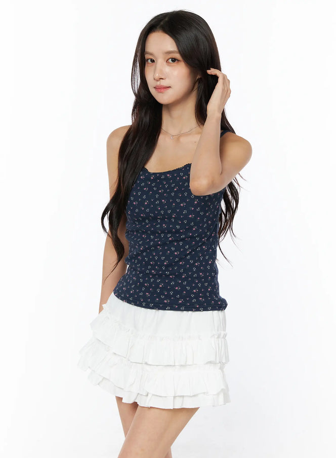Floral Ribbed Cami Top CU522 in Dark blue, size S/M