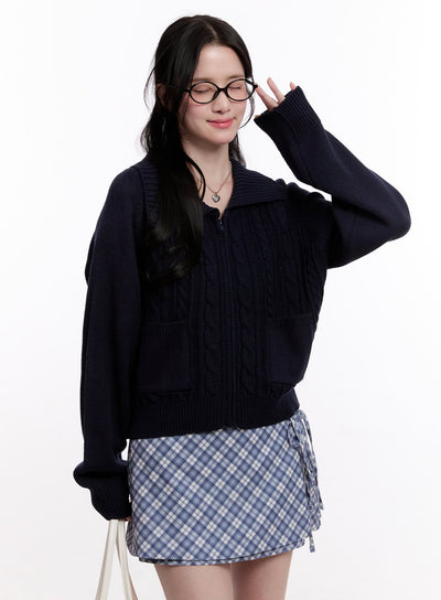 cable-knit-zip-up-cardigan-cm526 / Dark blue