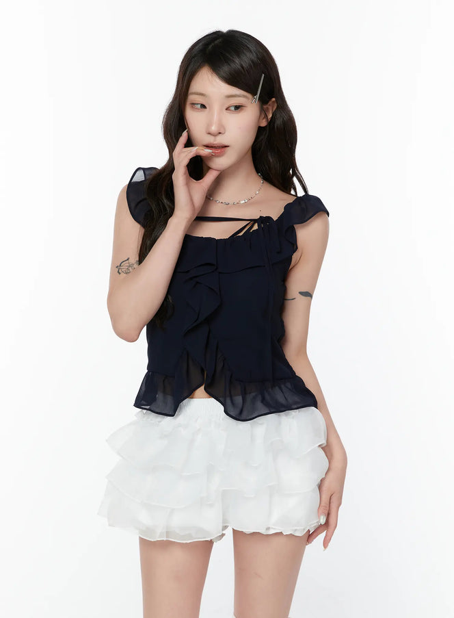 romantic-ruffle-chiffon-top-cy515 / Dark blue