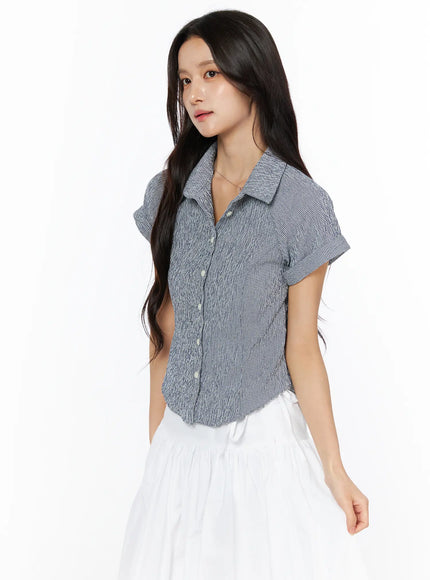 Gingham Button-Up Short Sleeve Blouse CU522 in Dark blue, size S/M