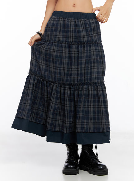 plaid-tiered-maxi-skirt-co515 / Dark blue