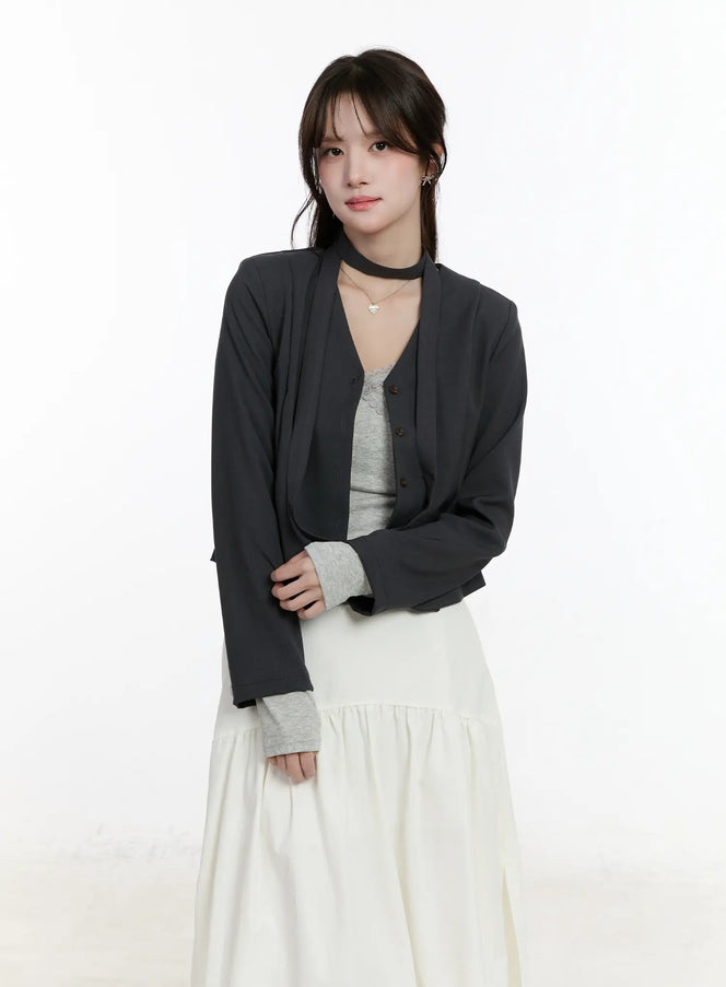 chic-u-neck-crop-jacket-with-scarf-cm505 / Dark gray