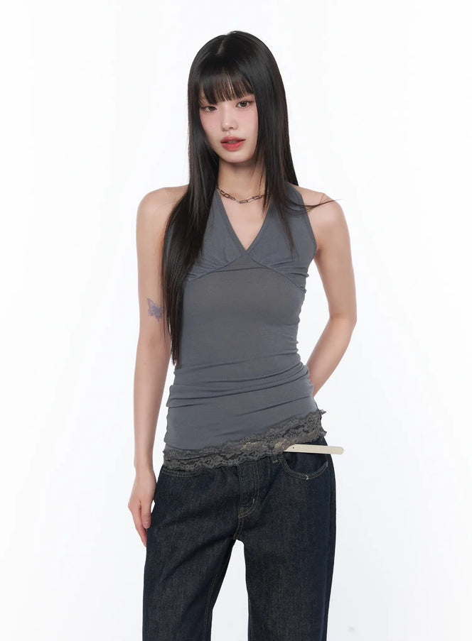 v-neck-halter-lace-trim-top-ca529 / Dark gray