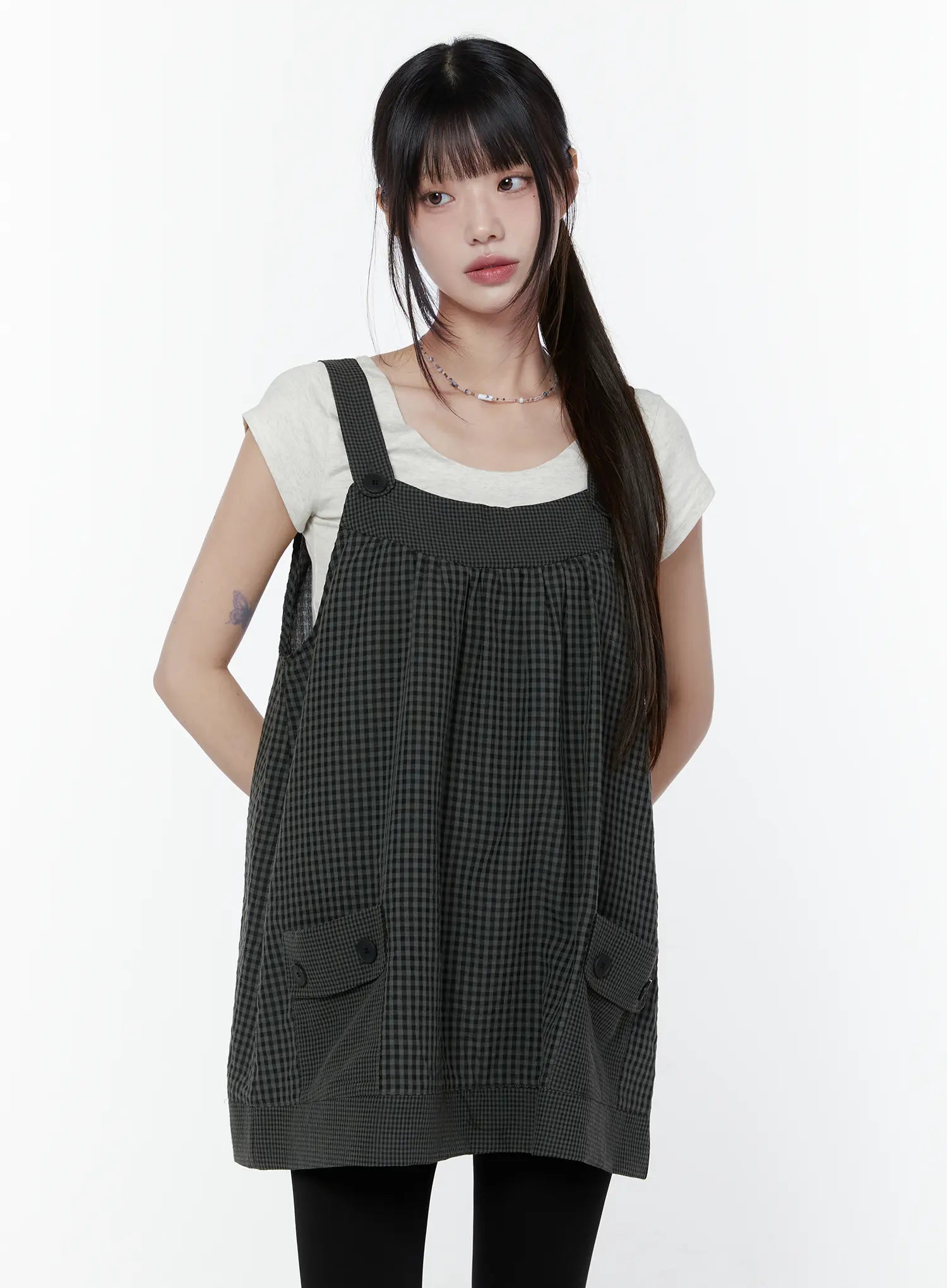 button-accent-plaid-mini-dress-cu508 / Black