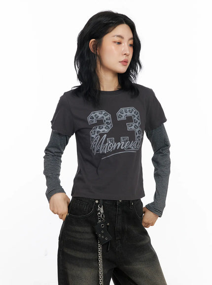 23-graphic-layered-long-sleeve-top-cj523 / Black
