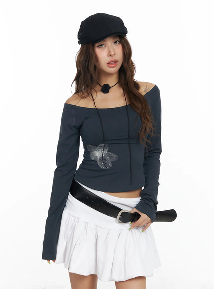 floral-off-shoulder-long-sleeve-crop-top-cf512 / Dark gray