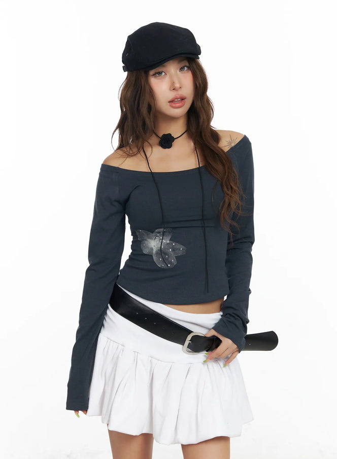 floral-off-shoulder-long-sleeve-crop-top-cf512 / Dark gray