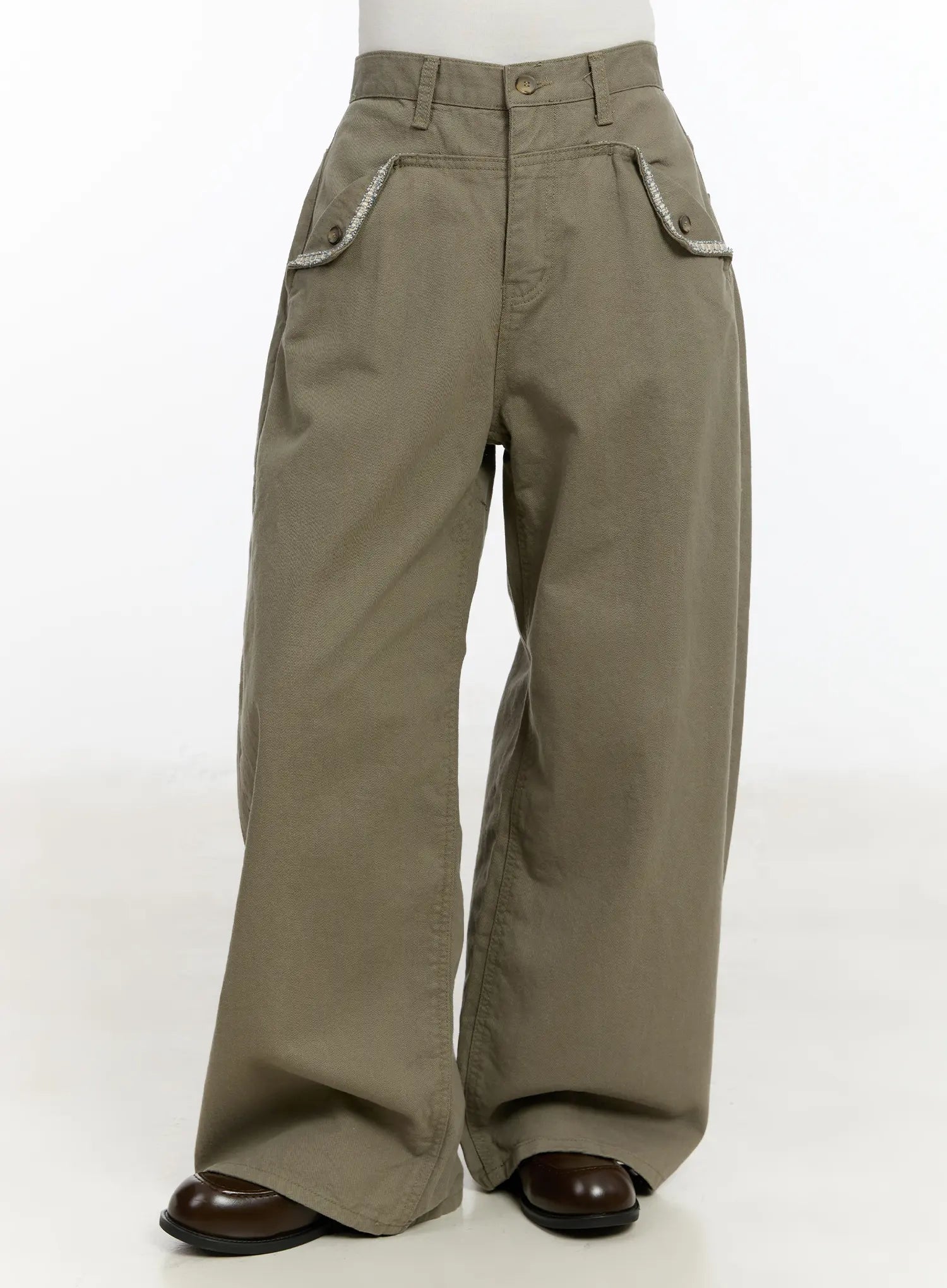pocket-detail-wide-leg-pants-cm510 / Dark green