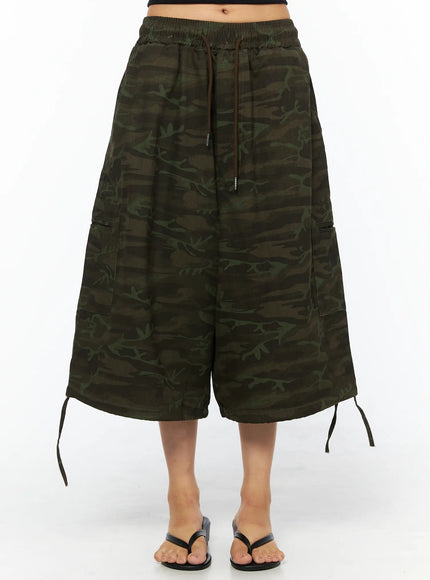 camouflage-drawstring-wide-shorts-cu517 / Dark green