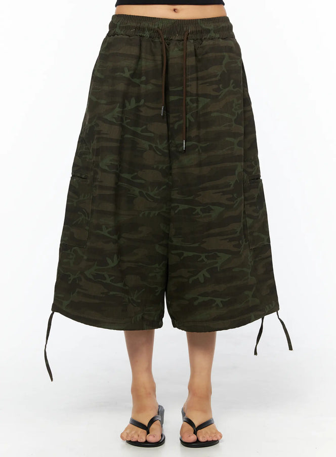 camouflage-drawstring-wide-shorts-cu517 / Dark green