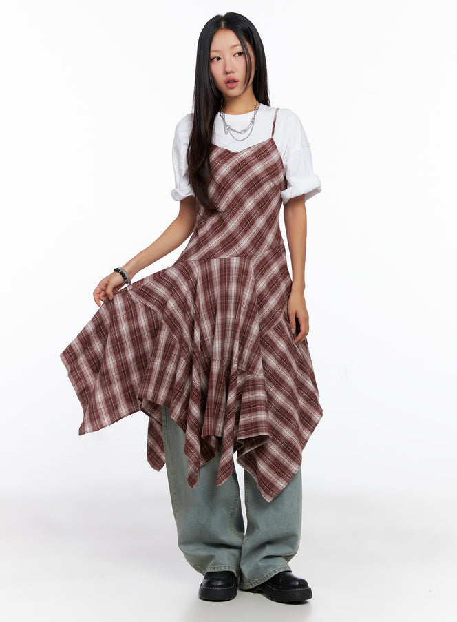 asymmetrical-plaid-maxi-dress-co515 / Dark red