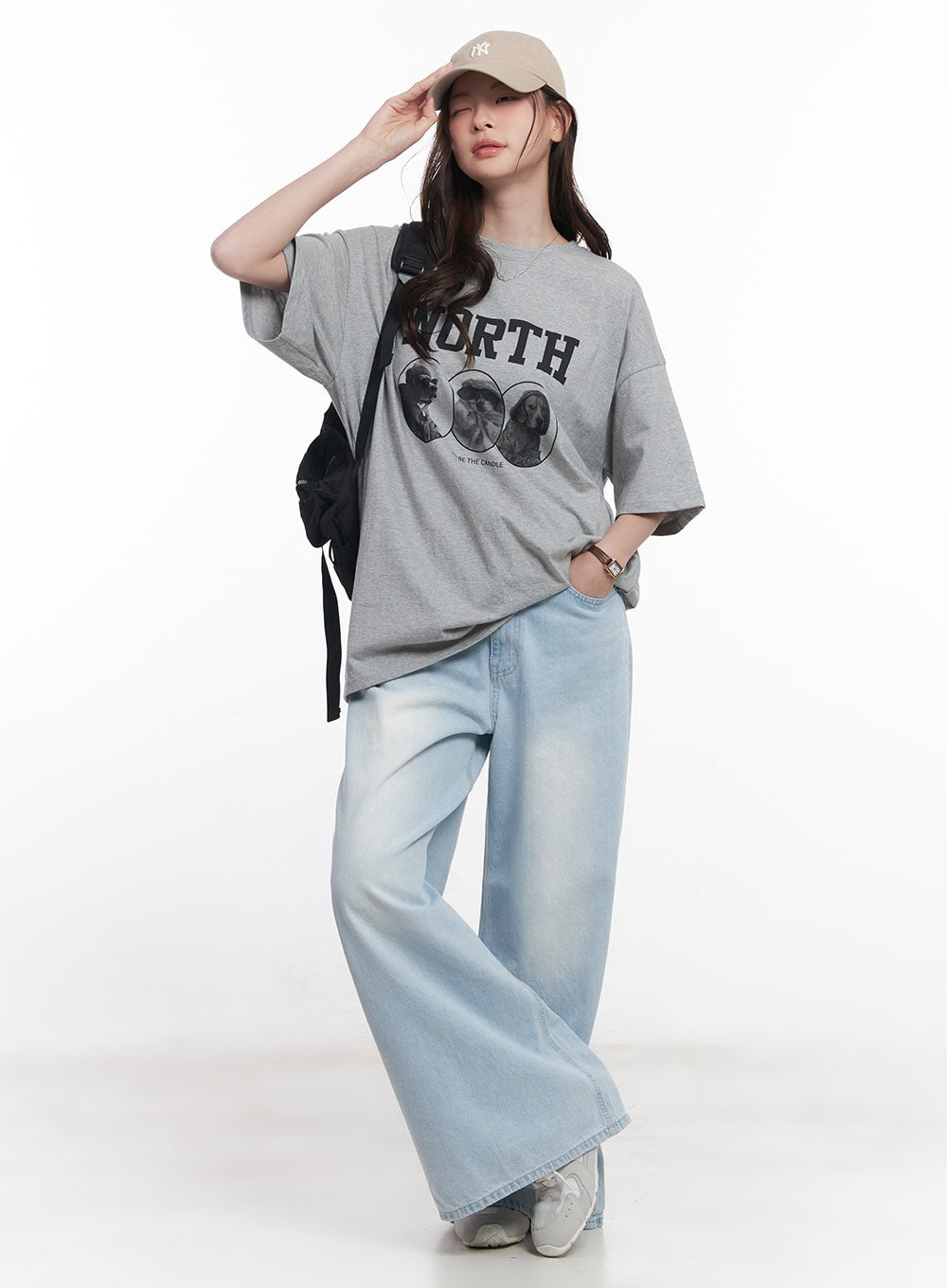 Judie Washed Wide-Leg Jeans CY519 in light blue, full-body front shot on model wearing cap and graphic tee, relaxed wide-leg washed denim with floor-grazing hem, casual acubi style.