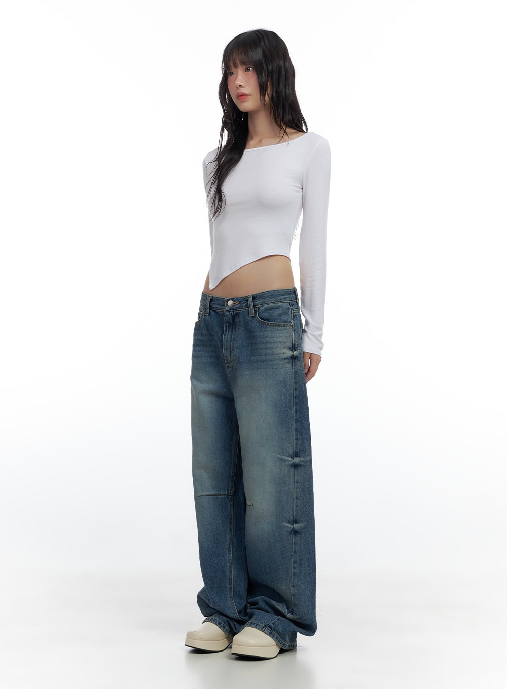 Aria Comfy Cotton Wide Leg Jeans CS420 in blue, full-length front-angle shot on model, extra-wide leg silhouette with washed denim finish, styled with white asymmetric crop top.