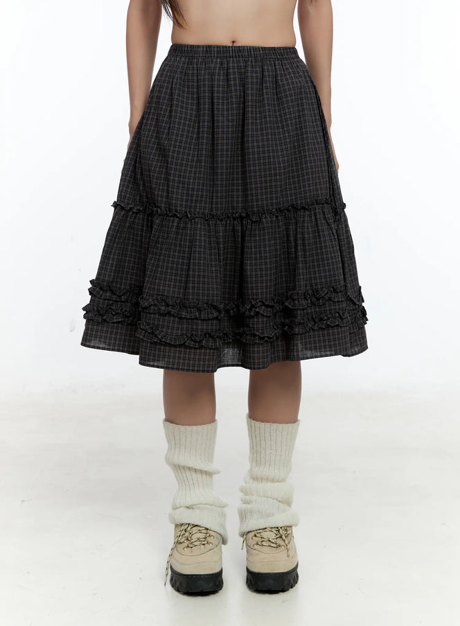 gingham-ruffle-layered-midi-skirt-cs517 / Gingham Ruffle Layered Midi Skirt CS517