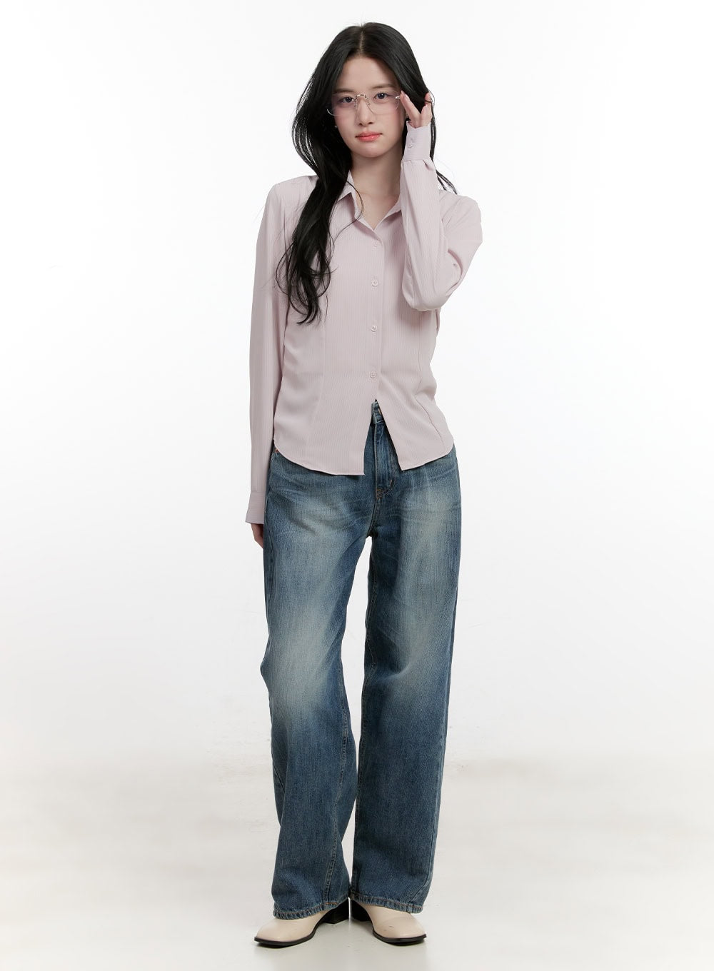 Belle Washed Wide-Leg Jeans CF528 in blue, full-length front shot on model, relaxed wide-leg denim styled with a light pink button-down shirt and cream heeled boots.