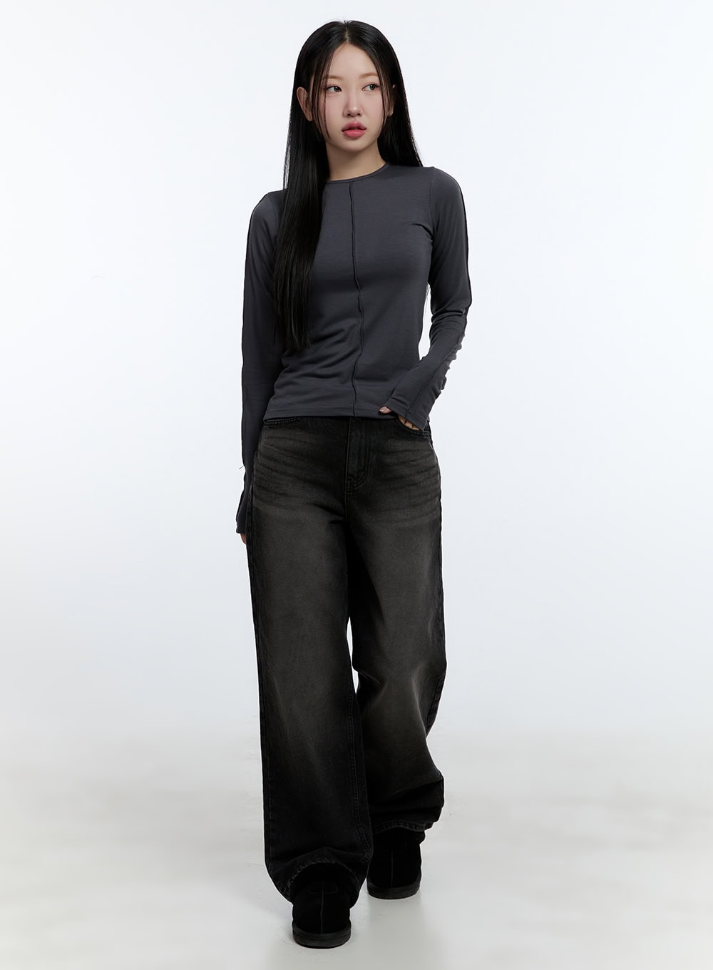 Emilia Cotton Wide Leg Jeans CD420 in black, full-length front view on model, washed wide-leg denim pooling at hem, styled with fitted dark grey long-sleeve top and black shearling shoes.