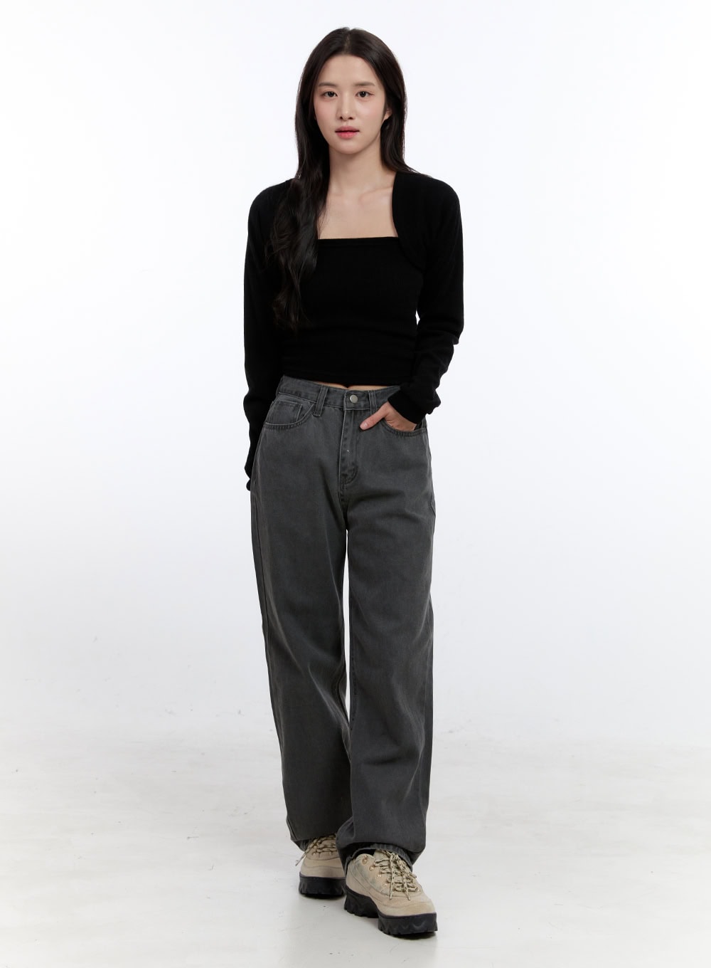 Chloe Wide-Leg Comfy Jeans ON418 in gray, full-length front shot on model, relaxed wide-leg fit in washed cotton, styled with black crop square-neck top and chunky sneakers.
