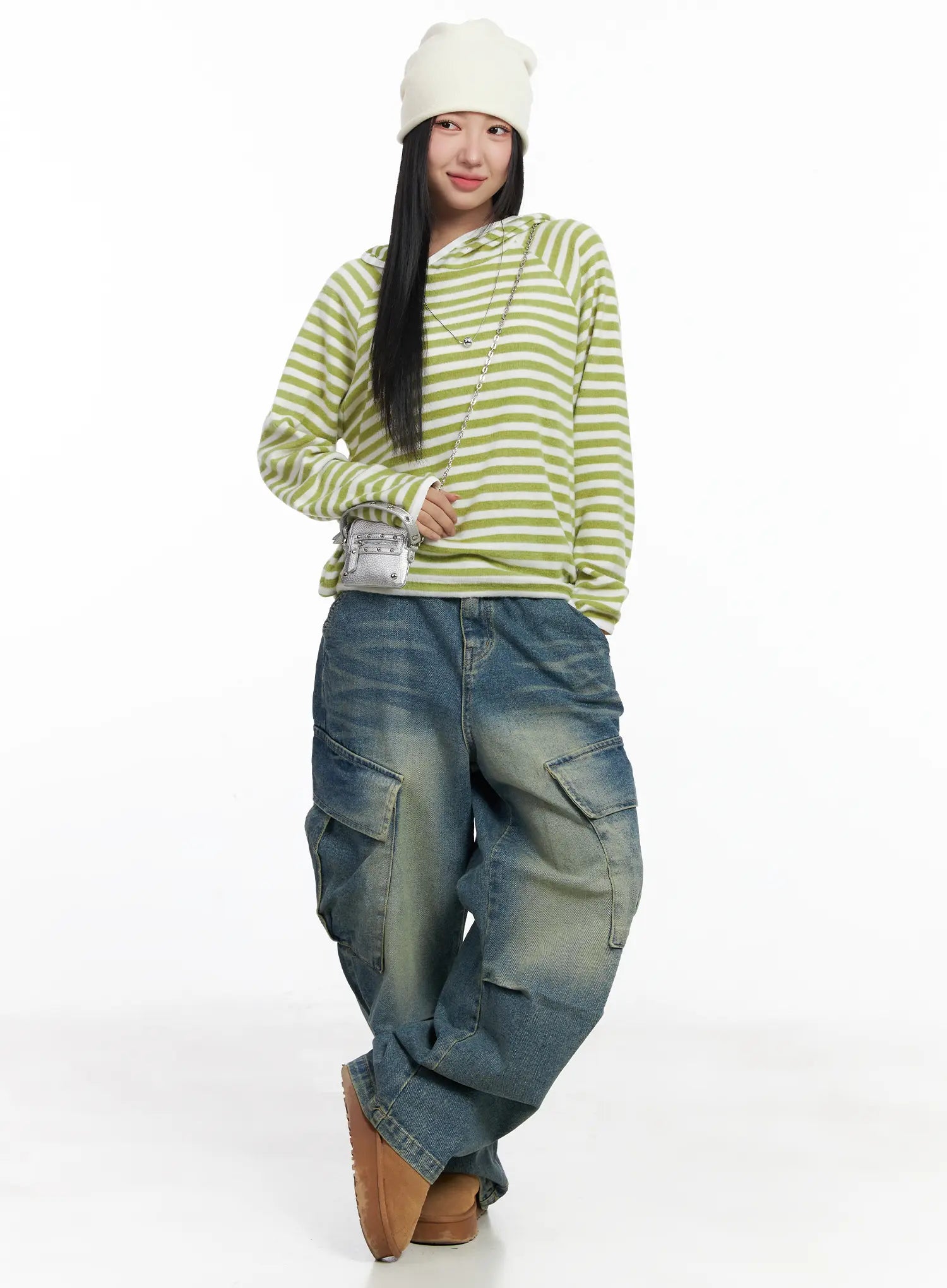 Jake Wide-Leg Cargo Jeans CJ515 in blue, full-body front shot on model, styled with green striped hoodie, white beanie, and silver mini bag, street-ready wide-leg cargo denim.