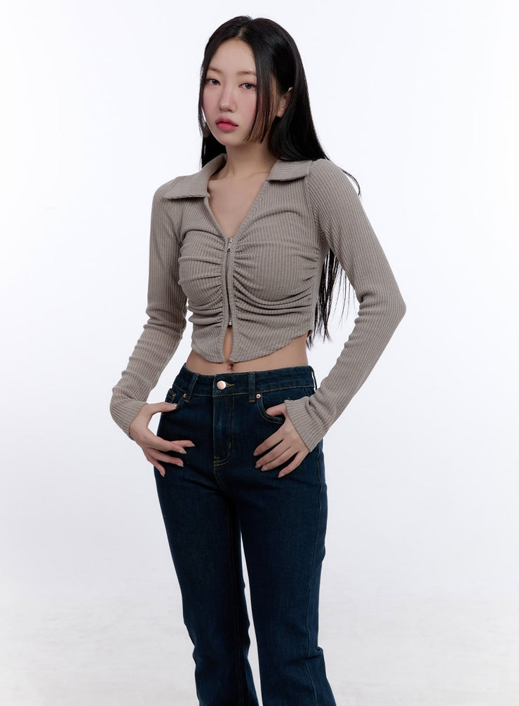 shirred-zip-up-long-sleeve-collared-top-cj509 / beige