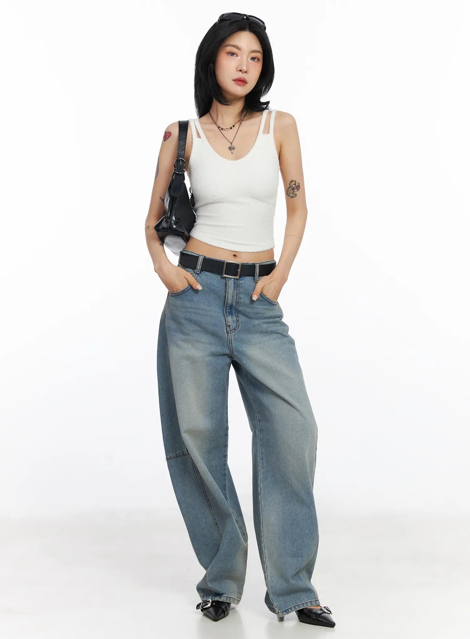 Frey Washed Wide-Leg Jeans CJ523 in light blue, full-body front shot on model, styled with white crop tank, black belt and bag, street acubi look.